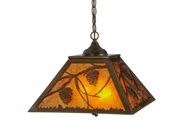 Listen closely.You can almost hear the soft whisper of the pine branches as they dance in the wind.Enjoy the warm ambiance of soft beautiful light diffused through this rustic pendant shade's Amber Mica featuring stunning pinecone and pine branch designs. Featured in a handsome Antique Copper finish and handcrafted by Meyda Artisans in Yorkville, New York at the foothills of the Adirondack Mountains.Create the design, colors, and the size and style of your choice.Energy efficient lamping options available. Collection: Whispering Pines Finish: Antique Copper Glass: Amber Mica Width: 22.50" Height: 15.00" Length: 16.00" Weight: 7.50 lb Number of Bulbs: 2 Maximum Wattage: 60.00 W Bulb Type: A19 Bulb Base: E26 Material: Steel Country of Origin: USA Safety Listing: Damp Safety Rating: Damp