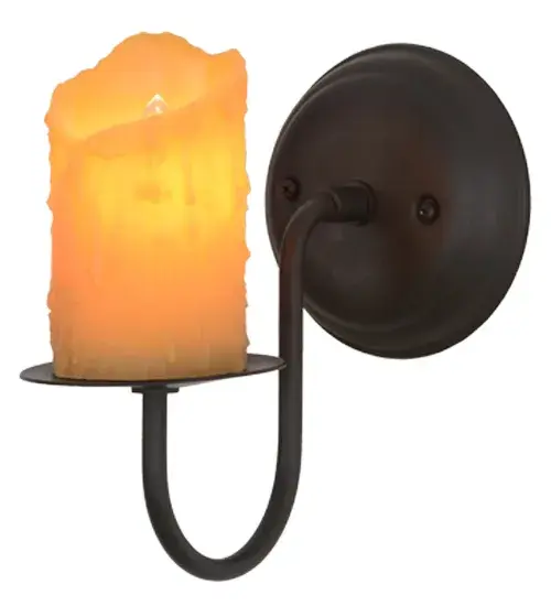 Replicating an old world wall fixture of yore, Loxley was custom crafted with an Amber faux candle covered luminaire on a bobeche hand finished in an Oil Rubbed Bronze. Custom crafted by highly skilled artisans in our 180,000 square foot manufacturing facility in Yorkville, New York, in the USA. Options include dimmable energy efficient lamping such as LED, as well as custom sizes, styles and colors. UL and cUL listed for damp and dry locations. Collection: Loxley Finish: Oil Rubbed Bronze Glass: Amber Width: 5.00" Height: 8.50" Length: 8.00" Weight: 1.00 lb Extension from Wall: 8.00" Number of Bulbs: 1 Maximum Wattage: 25.00 W Bulb Type: B10 Bulb Base: E12 Material: Steel Country of Origin: USA Safety Listing: Damp Safety Rating: Damp - alternate view