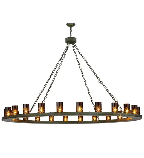 The striking Loxley chandelier is topped with 24 Amber glass candle columns. This transitional fixture is made in the USA with hardware finished in a Tarnished Copper. Perfect for residential, hospitality, retail or commercial applications. Custom crafted by highly skilled artisans in our 180,000 square foot manufacturing facility in Yorkville, New York, in the USA. Options include dimmable energy efficient lamping such as LED, as well as custom sizes, styles and colors. UL and cUL listed for damp and dry locations. Collection: Loxley Finish: Tarnished Copper Glass: Amber Glass Width: 72.00" Height: 50.00" Length: 72.00" Weight: 97.00 lb Number of Bulbs: 24 Maximum Wattage: 40.00 W Bulb Type: BA11 Bulb Base: E26 Material: Steel Country of Origin: USA Safety Listing: Damp Safety Rating: Damp - alternate view