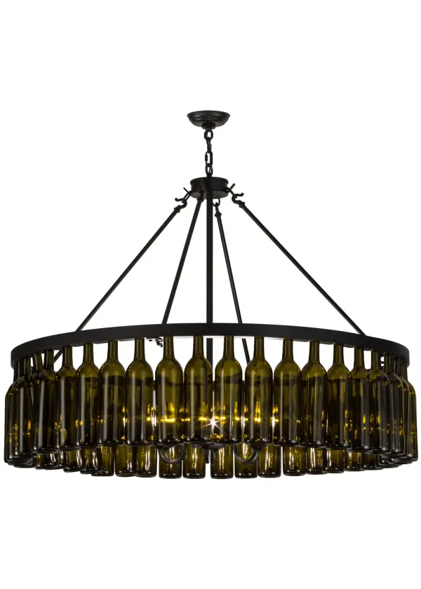 Capture the life of any party with authentic wine bottle lighting. Our Wine Bottle Chandelier is so much fun that you may want to hang from this wine bottle chandelier ? but don't. The fixture does so much more than deliver light; it adds personality and pizazz to any interior. Perfect for homes; restaurants; hotels; pubs; nightclubs; wineries; and retailers. Custom crafted with 44 authentic Green wine bottles attached to sturdy hardware featured in a Black Texture finish.Handmade by Meyda artisans in our manufacturing facilities in upstate New York. Custom colors; styles and sizes available.
