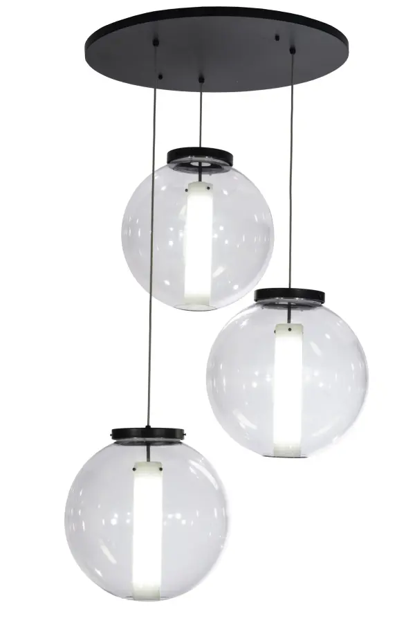 A cool contemporary look. 3 Crystal Idalight orbs reveal stylish Statuario Idalight Cylindres in a chic cascading pendant lighting design. The fixture is enhanced with hardware featured in a Black Textured finish. Ideal for a variety of rooms in residential and commercial environments. The pendant operates with Meyda's integral LEDs to deliver robust illumination; energy savings; minimal maintenance and long life. Custom colors; styles and sizes are available; as well as dimmable lamping options such as LED. The fixture is UL and cUL listed for damp and dry locations.