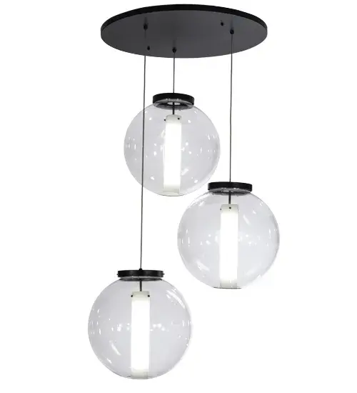 A cool contemporary look. 3 Crystal Idalight orbs reveal stylish Statuario Idalight Cylindres in a chic cascading pendant lighting design. The fixture is enhanced with hardware featured in a Black Textured finish. Ideal for a variety of rooms in residential and commercial environments. The pendant operates with Meyda's integral LEDs to deliver robust illumination; energy savings; minimal maintenance and long life. Custom colors; styles and sizes are available; as well as dimmable lamping options such as LED. The fixture is UL and cUL listed for damp and dry locations. - alternate view