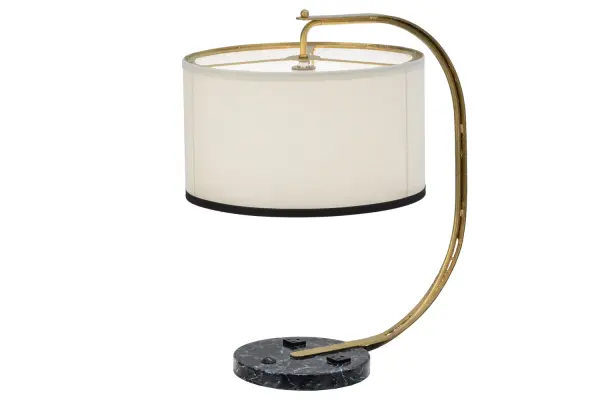 Modern styling with a refined design. A Black faux marble base with White Graining anchors a Gold Leaf finished arm which supports a White Linen Textrene shade. Perfect for desktops, tabletops and other surfaces. Custom crafted in Yorkville, New York. Collection: Cilindro Finish: Faux Black Marble Glass: White Linen Width: 20.00" Height: 22.00" Length: 20.00" Weight: 8.50 lb Number of Bulbs: 1 Maximum Wattage: 60.00 W Bulb Type: A19 Bulb Base: E26 Material: Steel Country of Origin: USA Safety Listing: Dry Safety Rating: Dry