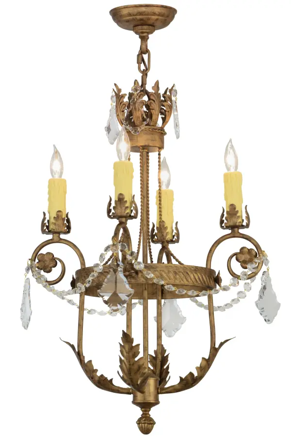 Exquisite styling and luxurious charm are reflected in the Antonia Chandelier, which is adorned with 4 Amber faux candlelights. The decorative accents, frame and Hand-Forged Iron Hardware are featured in a Spanish Gold finish. The fixture is enhanced with floral bobeches, Acanthus leaves and Crystal beads and droplet accents and features quality materials and hand detailed American craftsmanship perfected by years of time honored artistry, passed down from generations of highly skilled artisans. Custom sizes, styles, colors and dimmable energy efficient lamping options such as LED are available. The fixture is UL and cUL listed for damp and dry locations. Collection: Antonia Finish: Spanish Gold Glass: Ivory W/Drips Width: 18.00" Height: 30.00" Length: 18.00" Weight: 11.50 lb Extension from Wall: 10.50" Number of Bulbs: 4 Maximum Wattage: 60.00 W Bulb Type: B10 Bulb Base: E12 Material: Steel Country of Origin: USA Safety Listing: Damp Safety Rating: Damp
