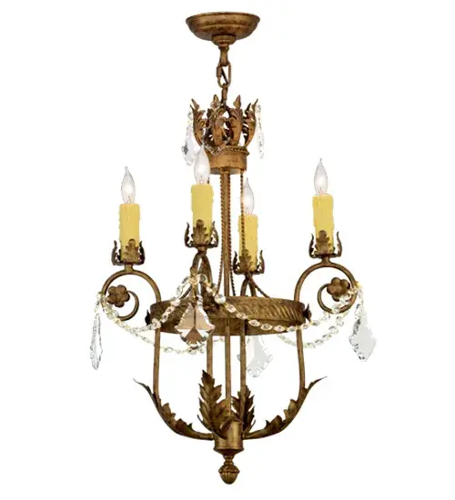 Exquisite styling and luxurious charm are reflected in the Antonia Chandelier, which is adorned with 4 Amber faux candlelights. The decorative accents, frame and Hand-Forged Iron Hardware are featured in a Spanish Gold finish. The fixture is enhanced with floral bobeches, Acanthus leaves and Crystal beads and droplet accents and features quality materials and hand detailed American craftsmanship perfected by years of time honored artistry, passed down from generations of highly skilled artisans. Custom sizes, styles, colors and dimmable energy efficient lamping options such as LED are available. The fixture is UL and cUL listed for damp and dry locations. Collection: Antonia Finish: Spanish Gold Glass: Ivory W/Drips Width: 18.00" Height: 30.00" Length: 18.00" Weight: 11.50 lb Extension from Wall: 10.50" Number of Bulbs: 4 Maximum Wattage: 60.00 W Bulb Type: B10 Bulb Base: E12 Material: Steel Country of Origin: USA Safety Listing: Damp Safety Rating: Damp - alternate view