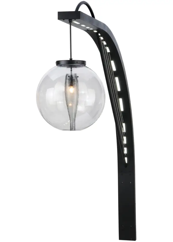 Bold, eyecatching appeal integrates urban modernism with industrial utilitarianism. Innovative wall luminaire features a curvilinear Idalight diffuser designed to house custom lighting elements with inverted wine bottles and cylinders. A towering arc styled support with solid steel harp in striking Black Texture finish illuminates with advanced LED technology. Wet list for outdoor and indoor applications. Collection: Bola Urbano Finish: Textured Black Glass: White,Black Metal Finish,Clear Width: 18.00" Height: 76.00" Length: 81.00" Weight: 70.00 lb Extension from Wall: 81.00" Number of Bulbs: 1 Maximum Wattage: 60.00 W Bulb Type: B10 Bulb Base: E12 Light Source: LED Material: Steel Country of Origin: USA Safety Listing: Wet Safety Rating: Wet Energy Efficient LED