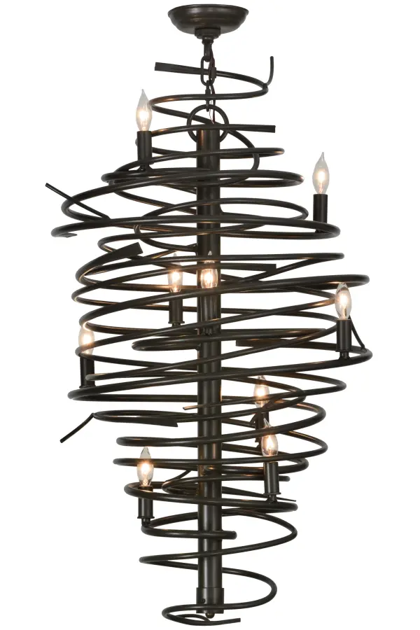 The bold; eye-catching Cyclone simulates whirling winds of energy and gyration with twisting steel that is accentuated with 9 delicately placed beacons to help you weather the storm. The winding mass of steel surrounds a sturdy post; all featured in our Timeless Bronze finish. Make an impressive design statement that will wow guests in lobbies; conference rooms; entryways and other residential and commercial spaces. The fixture is handcrafted by master artisans in our 180;000 square foot manufacturing facility in Yorkville; New York. Custom designs; styles; sizes and dimmable energy efficient lamping such as LEDs are available. This chandelier is UL and cUL listed for damp and dry locations.