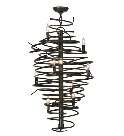 The bold; eye-catching Cyclone simulates whirling winds of energy and gyration with twisting steel that is accentuated with 9 delicately placed beacons to help you weather the storm. The winding mass of steel surrounds a sturdy post; all featured in our Timeless Bronze finish. Make an impressive design statement that will wow guests in lobbies; conference rooms; entryways and other residential and commercial spaces. The fixture is handcrafted by master artisans in our 180;000 square foot manufacturing facility in Yorkville; New York. Custom designs; styles; sizes and dimmable energy efficient lamping such as LEDs are available. This chandelier is UL and cUL listed for damp and dry locations. - alternate view