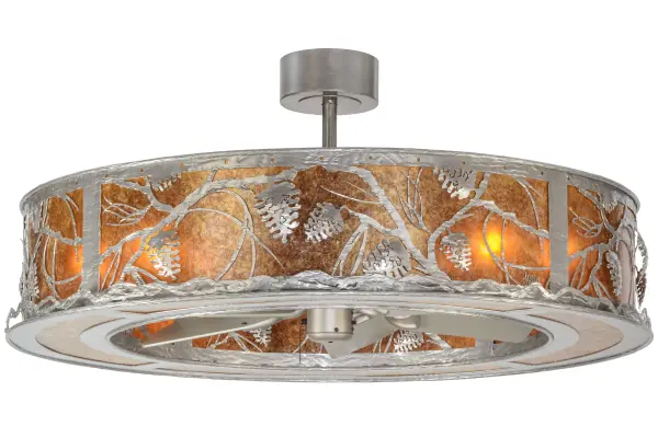 Listen closely. You can almost hear the soft whisper of the pine branches as they dance in the wind through this magnificent creation combining custom lighting and fan technologies .Enjoy the warm ambiance of soft beautiful light diffused through Amber Mica featuring stunning pinecone and pine branch designs. Whether you call it a Chandel-Air or a "Fan-de-Light" you can be the first kid on the block to benefit from the gentle breezes produced from the 30 inch Fan spinning quietly in the center. Hand finished in handsome Nickel and handcrafted by Meyda Artisans in Yorkville, New York Collection: Whispering Pines Finish: Bn Glass: Nickel/Amber Mica Brushed Nickel Width: 44.00" Height: 21.00" Length: 44.00" Weight: 68.50 lb Number of Bulbs: 8 Maximum Wattage: 100.00 W Bulb Type: A19 Bulb Base: Medium Material: Steel Country of Origin: USA Safety Listing: Damp Safety Rating: Damp