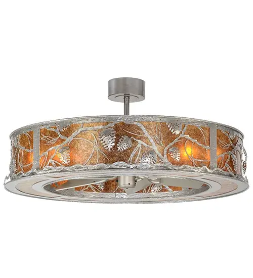 Listen closely. You can almost hear the soft whisper of the pine branches as they dance in the wind through this magnificent creation combining custom lighting and fan technologies .Enjoy the warm ambiance of soft beautiful light diffused through Amber Mica featuring stunning pinecone and pine branch designs. Whether you call it a Chandel-Air or a "Fan-de-Light" you can be the first kid on the block to benefit from the gentle breezes produced from the 30 inch Fan spinning quietly in the center. Hand finished in handsome Nickel and handcrafted by Meyda Artisans in Yorkville, New York Collection: Whispering Pines Finish: Bn Glass: Nickel/Amber Mica Brushed Nickel Width: 44.00" Height: 21.00" Length: 44.00" Weight: 68.50 lb Number of Bulbs: 8 Maximum Wattage: 100.00 W Bulb Type: A19 Bulb Base: Medium Material: Steel Country of Origin: USA Safety Listing: Damp Safety Rating: Damp - alternate view