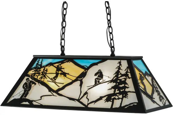 Marvelous montage of skiing vignettes on the mountains. Black finished silhouettes of skiing daredevils shushing and jumping around pine trees down the slopes. Mountains featured in Beige and Wispy White glass on a Powder Blue background with complementary Black hardware. The pendant is perfect for lighting islands, counters and billiard tables. Collection: Alpine Finish: Textured Black Glass: White Blue And Beige Glass Width: 17.00" Height: 22.50" Length: 33.00" Weight: 28.00 lb Extension from Wall: 17.00" Number of Bulbs: 6 Maximum Wattage: 60.00 W Bulb Type: A19 Bulb Base: E26 Material: Steel Country of Origin: USA Safety Listing: Damp Safety Rating: Damp