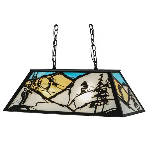 Marvelous montage of skiing vignettes on the mountains. Black finished silhouettes of skiing daredevils shushing and jumping around pine trees down the slopes. Mountains featured in Beige and Wispy White glass on a Powder Blue background with complementary Black hardware. The pendant is perfect for lighting islands, counters and billiard tables. Collection: Alpine Finish: Textured Black Glass: White Blue And Beige Glass Width: 17.00" Height: 22.50" Length: 33.00" Weight: 28.00 lb Extension from Wall: 17.00" Number of Bulbs: 6 Maximum Wattage: 60.00 W Bulb Type: A19 Bulb Base: E26 Material: Steel Country of Origin: USA Safety Listing: Damp Safety Rating: Damp - alternate view