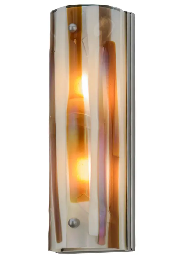 Wet rated fused glass wall fixture for both exteriors and interiors. Marina features earth tones with a unique abstract design in "Bas Relief" that employs carved art glass sculpting for a multidimensional effect so the sconce can be viewed clearly from many angles. Striking undertones in Amber; Beige; Smoke and Clear Iridescent complemented by Nickel finished hardware. Accent hallways or make a statement in any room. A stunning work of art.