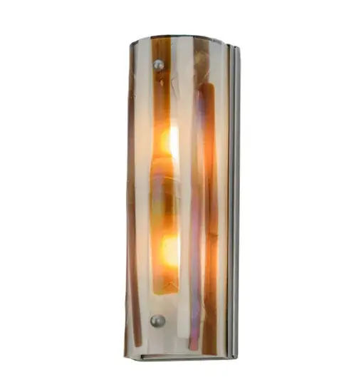 Wet rated fused glass wall fixture for both exteriors and interiors. Marina features earth tones with a unique abstract design in "Bas Relief" that employs carved art glass sculpting for a multidimensional effect so the sconce can be viewed clearly from many angles. Striking undertones in Amber; Beige; Smoke and Clear Iridescent complemented by Nickel finished hardware. Accent hallways or make a statement in any room. A stunning work of art. - alternate view