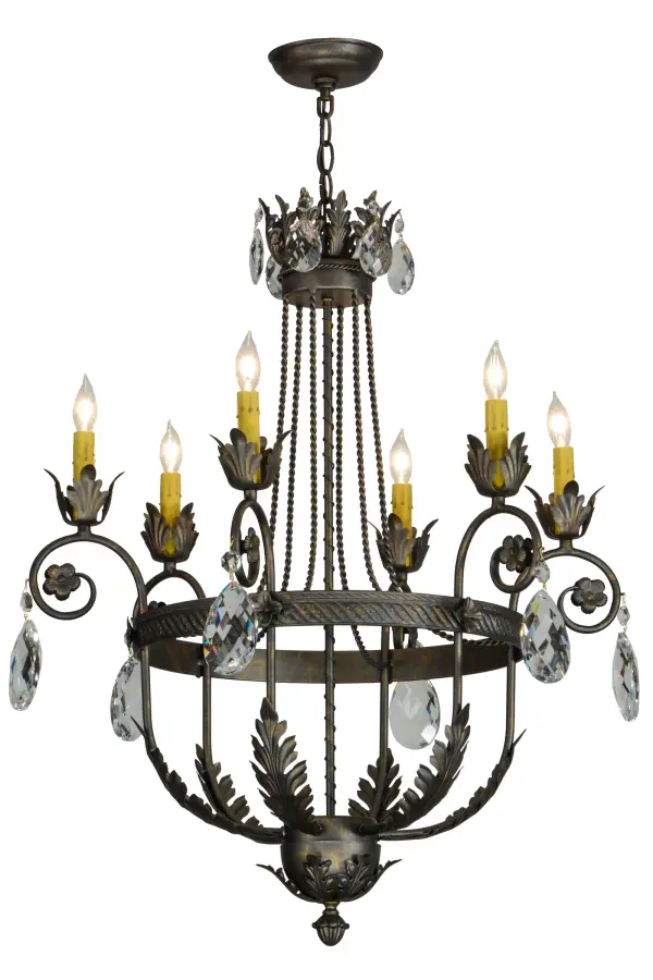 Exquisite styling and luxurious charm are reflected in the Antonia Chandelier, which is adorned with 6 Amber faux candlelights perched on floral bobeches with scrolled arms. The lush decorative accents, including Acanthus leaves, frame and Hand-forged Iron hardware are featured in a French Bronze finish and enhanced with Crystal droplet accents. The fixture features quality materials and hand detailed American craftsmanship perfected by years of time honored artistry, passed down from generations of highly skilled artisans. Custom sizes, styles, colors and dimmable energy efficient lamping options such as LED are available. The fixture is UL and cUL listed for damp and dry locations. Collection: Antonia Finish: French Bronze Glass: Silver,Gold Width: 26.00" Height: 35.50" Length: 26.00" Weight: 13.00 lb Number of Bulbs: 6 Maximum Wattage: 40.00 W Bulb Type: B10 Bulb Base: E12 Material: Steel Country of Origin: USA Safety Listing: Damp Safety Rating: Damp