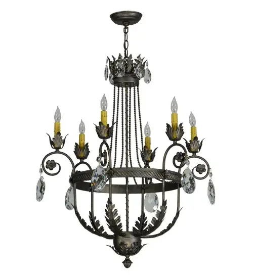 Exquisite styling and luxurious charm are reflected in the Antonia Chandelier, which is adorned with 6 Amber faux candlelights perched on floral bobeches with scrolled arms. The lush decorative accents, including Acanthus leaves, frame and Hand-forged Iron hardware are featured in a French Bronze finish and enhanced with Crystal droplet accents. The fixture features quality materials and hand detailed American craftsmanship perfected by years of time honored artistry, passed down from generations of highly skilled artisans. Custom sizes, styles, colors and dimmable energy efficient lamping options such as LED are available. The fixture is UL and cUL listed for damp and dry locations. Collection: Antonia Finish: French Bronze Glass: Silver,Gold Width: 26.00" Height: 35.50" Length: 26.00" Weight: 13.00 lb Number of Bulbs: 6 Maximum Wattage: 40.00 W Bulb Type: B10 Bulb Base: E12 Material: Steel Country of Origin: USA Safety Listing: Damp Safety Rating: Damp - alternate view