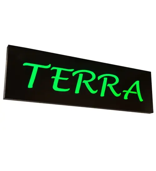 A custom crafted sign featuring the Terra logo is illuminated with 360 Green LEDs Statuario Idalight; which is highlighted on a metal frame hand finished in an Oil Rubbed Bronze. Integral energy efficient LEDs minimize energy usage; maintenance and provide long lamp life. UL and cUL listed for dry and damp locations. Handcrafted in the USA; Meyda offers complete custom capabilities to create personalized signs; decorative accessories and lighting fixtures featuring any design; company name or logo. Personalized items are shown as examples of our craftsmanship (only.) They are not for sale 'as is' but can be customized to fit your personal needs. - alternate view
