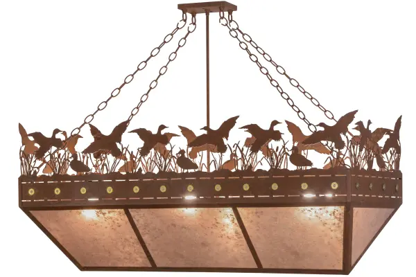 A flock of ducks portrayed in meandering and airborne poses among andabove the reeds and marshes. The fixture features a decorative trim designed with two rows of narrow apertures exuding linear beams of light and embellished with Brass accents. The stunning Silver Mica diffuser provides beautiful light for a warm ambiance in any room. Complemented with hardware and accents finished in Rust. Custom made in the USA. Collection: Ducks In Flight Finish: Rust Glass: Silver Mica Width: 17.50" Height: 36.00" Length: 48.00" Weight: 34.50 lb Extension from Wall: 17.50" Number of Bulbs: 6 Maximum Wattage: 60.00 W Bulb Type: A19 Bulb Base: E26 Material: Steel Country of Origin: USA Safety Listing: Damp Safety Rating: Damp