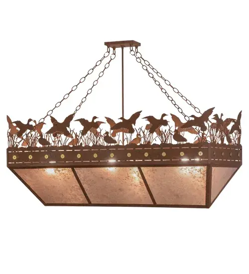 A flock of ducks portrayed in meandering and airborne poses among andabove the reeds and marshes. The fixture features a decorative trim designed with two rows of narrow apertures exuding linear beams of light and embellished with Brass accents. The stunning Silver Mica diffuser provides beautiful light for a warm ambiance in any room. Complemented with hardware and accents finished in Rust. Custom made in the USA. Collection: Ducks In Flight Finish: Rust Glass: Silver Mica Width: 17.50" Height: 36.00" Length: 48.00" Weight: 34.50 lb Extension from Wall: 17.50" Number of Bulbs: 6 Maximum Wattage: 60.00 W Bulb Type: A19 Bulb Base: E26 Material: Steel Country of Origin: USA Safety Listing: Damp Safety Rating: Damp - alternate view