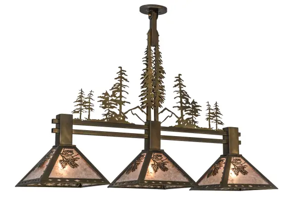 Naturally inspired pinecones and pine needles accent Silver Mica shades with frames and hardware finished in Antique Copper. The shade trio is embraced by a twin bar, designed as the woodland foreground for Pine Trees growing tall among twin mountain peaks. Big Pines all sprout upwards on twin posts intersecting at holly, wood and vine. Handcrafted by Meyda artisans at the foothills of the Adirondack Mountains in the USA. Collection: Winter Pine Finish: Antique Copper Glass: Silver Mica Width: 12.00" Height: 32.00" Length: 45.00" Weight: 20.00 lb Extension from Wall: 12.00" Number of Bulbs: 3 Maximum Wattage: 60.00 W Bulb Type: A19 Bulb Base: E26 Material: Steel Country of Origin: USA Safety Listing: Damp Safety Rating: Damp