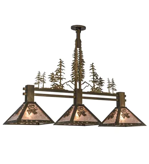 Naturally inspired pinecones and pine needles accent Silver Mica shades with frames and hardware finished in Antique Copper. The shade trio is embraced by a twin bar, designed as the woodland foreground for Pine Trees growing tall among twin mountain peaks. Big Pines all sprout upwards on twin posts intersecting at holly, wood and vine. Handcrafted by Meyda artisans at the foothills of the Adirondack Mountains in the USA. Collection: Winter Pine Finish: Antique Copper Glass: Silver Mica Width: 12.00" Height: 32.00" Length: 45.00" Weight: 20.00 lb Extension from Wall: 12.00" Number of Bulbs: 3 Maximum Wattage: 60.00 W Bulb Type: A19 Bulb Base: E26 Material: Steel Country of Origin: USA Safety Listing: Damp Safety Rating: Damp - alternate view