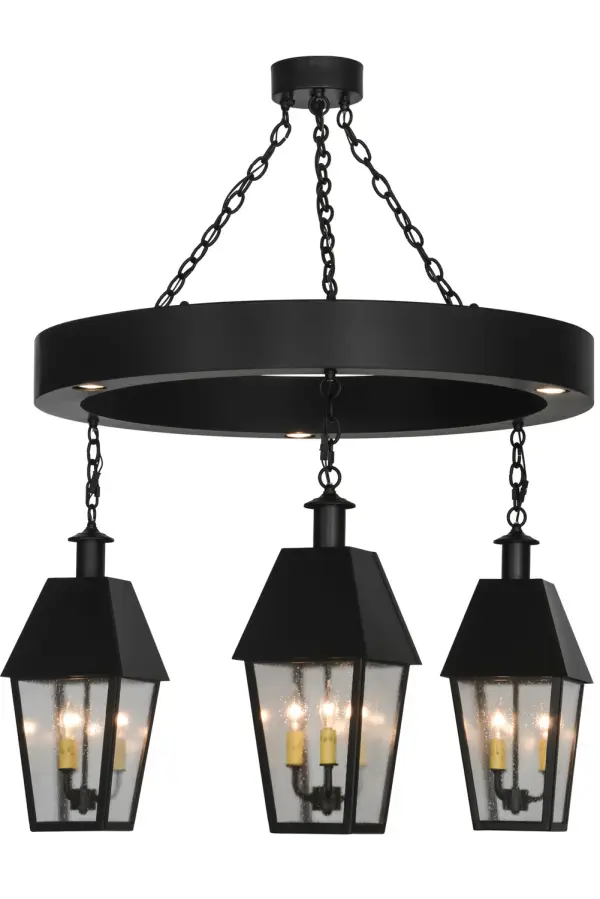 Add archaic beauty with a decorative touch to your castle. An architecturally styled ring designed with three downlights embraces old world lanterns, each with three light candelabras behind Rainstone Idalight. The hardware is finished in a Flat Black. Custom crafted by Meyda artisans in Upstate New York for superior quality and reliability. Custom sizes, styles, finishes and dimmable lamping are available. The fixture is UL and cUL listed. Collection: Oneida Finish: Solar Black Glass: Rainstone Idalight Width: 42.00" Height: 49.00" Length: 42.00" Weight: 56.50 lb Extension from Wall: 6.00" Number of Bulbs: 3 Maximum Wattage: 50.00 W Bulb Type: MR16 Bulb Base: E26 Material: Steel Country of Origin: USA Safety Listing: Damp Safety Rating: Damp