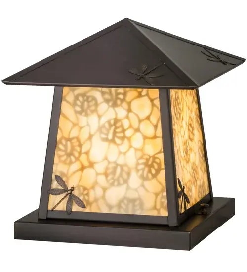 Custom crafted of Solid Brass; this Craftsman Signature lantern features stunning Beige art glass adorned with delicate Dragonfly filigree accents. Hand finished in a warm Craftsman Brown; this fixture is perfect for outdoor and indoor lighting applications. The Pier Mount is handmade by Meyda artisans at the foothills of the spectacular Adirondack Mountains. Custom sizes; colors; designs and dimmable lamping options are available. - alternate view