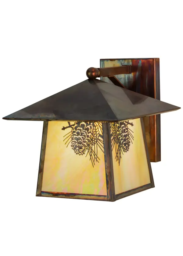 Delicately etched of Solid Brass. A compelling design of Winter Pine Cone and Pine Needles; both elegant and natural representing human enlightenment. Rustic charm comes alive with soft warm ambient light through stunning Beige Iridescent glass accented by Vintage Copper finished hardware on this nature inspired wall fixture. Perfect for interiors and exteriors. Handcrafted by Meyda artisans in our manufacturing facility at the foothills of the Adirondack Mountains. Custom designs; sizes and colors. Energy efficient lamping options.