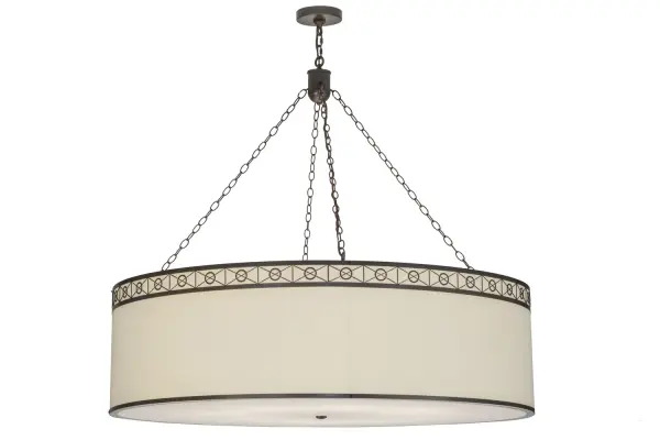 A transitional Natural Textrene pendant for modern spaces. Circle X accents and trim are finished in a stunning Timeless Bronze while a Statuario Idalight diffuser is featured below. Custom crafted by Meyda artisans in our Yorkville, NY manufacturing facility. Custom styles, colors and sizes. Energy efficient lamping options. Collection: Cilindro Finish: Timeless Bronze Glass: Natural Textrene And Statuario Idalight Width: 54.00" Height: 52.00" Length: 54.00" Weight: 53.00 lb Number of Bulbs: 8 Maximum Wattage: 11.00 W Bulb Type: A19 Bulb Base: E26 Light Source: LED Material: Steel Country of Origin: USA Safety Listing: Damp Safety Rating: Damp LED