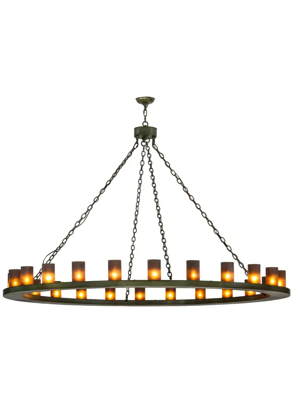 Crafted by the skillful hands of Meyda artisans, the striking Loxley chandelier is topped with 24 Frosted Amber glass candle columns. This transitional fixture is made in the USA with hardware finished in a Tarnished Copper Perfect for residential, hospitality, retail or commercial applications. Custom sizes, styles and colors available. Energy efficient options. Collection: Loxley Finish: Tarnished Copper Glass: Amber Frosted Glass Width: 72.00" Height: 50.00" Length: 72.00" Weight: 97.00 lb Number of Bulbs: 24 Maximum Wattage: 40.00 W Bulb Type: BA11 Bulb Base: E26 Material: Steel Country of Origin: USA Safety Listing: Damp Safety Rating: Damp