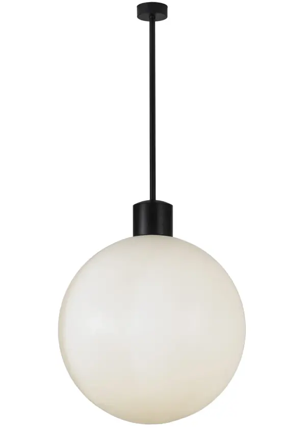A Winter White snowball. A modern Statuario Idlaight globe with soft omnidirectional light is complemented with hardware finished in Black Texture. Neutral coloration will complement any decor, yet stricking enough to create a cool architectural element. Handcrafted in the Yorkville, NY. Custom styles, sizes and colors are available, as well as dimmable energy efficient lamping options. The pendant is UL and cUL listed for dry and damp locations. Collection: Bola Finish: Solar Black Glass: White Width: 36.00" Height: 46.00" Length: 36.00" Weight: 34.50 lb Number of Bulbs: 1 Maximum Wattage: 12.00 W Bulb Type: A19 Bulb Base: GU24 Light Source: LED Material: Steel Country of Origin: USA Safety Listing: Damp Safety Rating: Damp LED