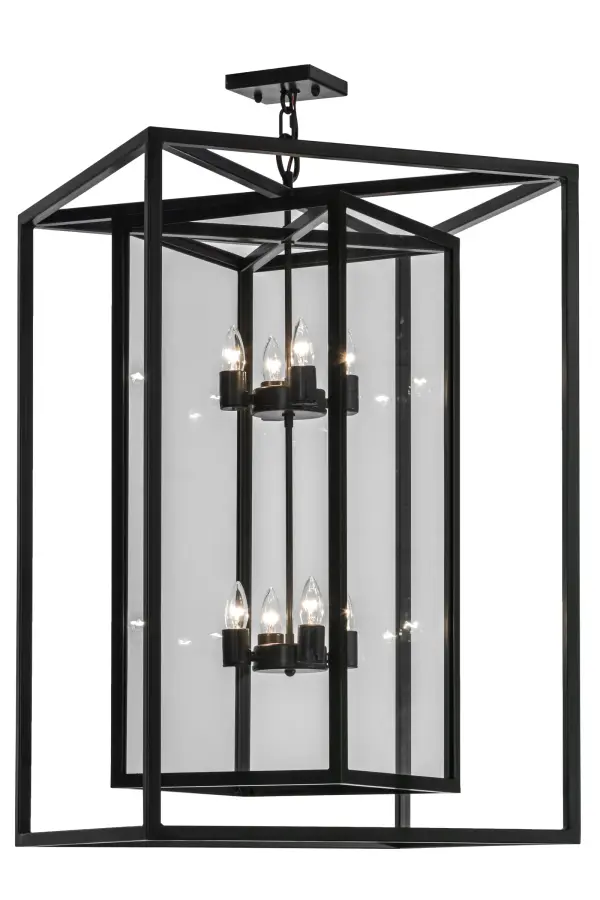 A modern, architecturally styled fixture is designed with a pizazz that is unique, fresh and stylish. Give your decor an extra edge with this innovative fixture featuring a Clear glass box within a larger Solid Steel cage. Suspended inside the cage are eight faux candlelights. The elaborate frame and hardware are finished in Timeless Bronze. Handmade in our 180,000 square foot manufacturing facility in Yorkville, New York. Collection: Kitzi Box Finish: Timeless Bronze Glass: Clear Glass Width: 33.00" Height: 42.00" Length: 24.00" Weight: 63.00 lb Number of Bulbs: 8 Maximum Wattage: 60.00 W Bulb Type: CA10 Bulb Base: E26 Material: Steel Country of Origin: USA Safety Listing: Damp Safety Rating: Damp