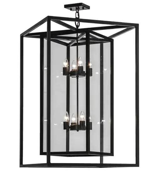 A modern, architecturally styled fixture is designed with a pizazz that is unique, fresh and stylish. Give your decor an extra edge with this innovative fixture featuring a Clear glass box within a larger Solid Steel cage. Suspended inside the cage are eight faux candlelights. The elaborate frame and hardware are finished in Timeless Bronze. Handmade in our 180,000 square foot manufacturing facility in Yorkville, New York. Collection: Kitzi Box Finish: Timeless Bronze Glass: Clear Glass Width: 33.00" Height: 42.00" Length: 24.00" Weight: 63.00 lb Number of Bulbs: 8 Maximum Wattage: 60.00 W Bulb Type: CA10 Bulb Base: E26 Material: Steel Country of Origin: USA Safety Listing: Damp Safety Rating: Damp - alternate view