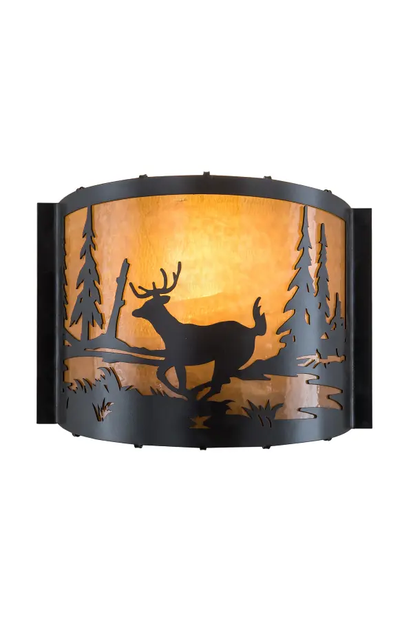 Bring the great outdoors to your interiors with this striking wall sconce featuring a deer scampering alongside a mountain lake as the morning sun rises in the background. Warm ambient light is evoked through Honey Wispy art glass which is enhanced by hardware finished in a Timeless Bronze. Custom crafted at the foothills of the Adirondack Mountains, at Meyda's facility in the USA. Collection: Deer At Lake Finish: Timeless Bronze Glass: Honey Art Glass Width: 12.00" Height: 9.50" Length: 4.25" Weight: 4.00 lb Extension from Wall: 4.25" Number of Bulbs: 1 Maximum Wattage: 60.00 W Bulb Type: A19 Bulb Base: E26 Material: Steel Country of Origin: USA Safety Listing: Damp Safety Rating: Damp