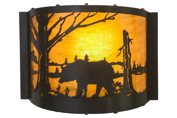 A large majestic Bear struts his stuff around the shoreline of a mountain lake as the morning sun rises at dawn. This naturally inspired wall sconce is designed with Honey art glass and a frame and hardware finished in Timeless Bronze. The rustic lighting is custom crafted in the USA, at the foothills of the Adirondacks. Collection: Bear At Lake Finish: Timeless Bronze Glass: Honey Art Glass Width: 12.00" Height: 7.50" Length: 4.00" Weight: 3.50 lb Extension from Wall: 4.00" Number of Bulbs: 1 Maximum Wattage: 60.00 W Bulb Type: A19 Bulb Base: E26 Material: Steel Country of Origin: USA Safety Listing: Damp Safety Rating: Damp