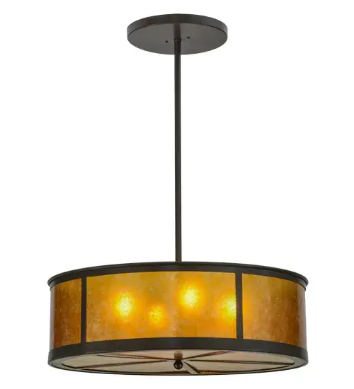Beautiful ambient light is gently evoked by warm Amber Mica around the side panels and bottom diffuser. Inspired by the famous Arts & Crafts Movement, this handsome fixture features Timeless Bronze finished hardware and frame. Hand made by Meyda artisans in the USA in our manufacturing facility in Yorkville, NY. Custom styles, sizes and colors available. Energy efficient lamping options. Collection: Smythe Craftsman Finish: Timeless Bronze Glass: Amber Mica Width: 28.00" Height: 37.00" Length: 28.00" Weight: 13.50 lb Number of Bulbs: 4 Maximum Wattage: 60.00 W Bulb Type: A19 Bulb Base: E26 Material: Steel Country of Origin: USA Safety Listing: Damp Safety Rating: Damp - alternate view