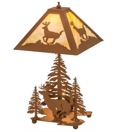 A leaping Deer accents a linear square shade that sits above a Deer running through a pine forest. The nature inspired table lamp lamp is finished in Earth, has Beige art glass panels and is handcrafted in the USA by Meyda artisans. Collection: Lone Deer Finish: Earth Earth Glass: Beige Art Glass Width: 16.50" Height: 21.50" Length: 11.75" Weight: 7.50 lb Number of Bulbs: 1 Maximum Wattage: 60.00 W Bulb Type: A19 Bulb Base: E26 Material: Steel Country of Origin: USA Safety Listing: Dry Safety Rating: Dry - alternate view