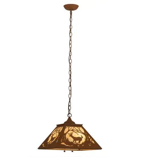 This nature inspired pendant depicts a majestic Deer meandering between two entangled trees in an enchanting forest as the warm summer sun beckons in the background. Soft ambient light is emitted through stunning Beige art glass, which is enhanced by accents and frame featured in an Earth finish. The fixture is handcrafted in the Meyda facility at the foothills of the Adirondack Mountains in the USA. Custom designs, sizes, colors and dimmable energy efficient lamping options are available. This pendant is UL and cUL listed. Collection: Deer At Dawn Finish: Earth Glass: Beige Art Glass Width: 22.50" Height: 14.50" Length: 16.00" Weight: 12.00 lb Number of Bulbs: 2 Maximum Wattage: 60.00 W Bulb Type: A19 Bulb Base: E26 Material: Steel Country of Origin: USA Safety Listing: Damp Safety Rating: Damp - alternate view
