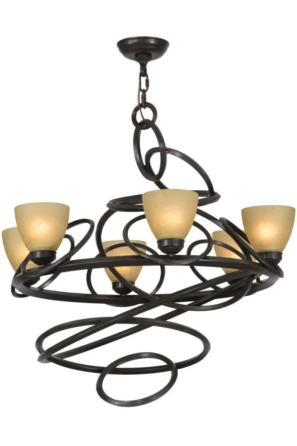 An eclectic design featuring interlocking rings of varying sizes that are featured in a Timeless Bronze finish. The chandelier is accented with six Tea Stained Glass shades for warm ambient lighting. Make a unique design statement for any room. Handcrafted by highly skilled artisans in our 180,000 square foot manufacturing facility in Yorkville, New York. Lens colors, metal finishes and sizes can be customized to meet your needs. UL and cUL listed for damp and dry locations. Collection: Anneau Finish: Timeless Bronze Glass: Amber Quartz Glass Width: 29.00" Height: 34.00" Length: 29.00" Weight: 23.50 lb Extension from Wall: 13.50" Number of Bulbs: 6 Maximum Wattage: 60.00 W Bulb Type: CA10 Bulb Base: E26 Material: Steel Country of Origin: USA Safety Listing: Damp Safety Rating: Damp