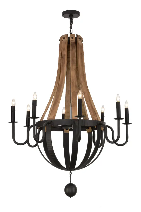 Rugged rustic charm greeted with gothic virility. This lighting design was inspired by Antique Wooden staves traditionally bound by wooden hoops in the construction of beer/ whiskey barrels and wine casks. Wrought Iron finished solid-stout Steel curved arms support eight bobeches accented with Ivory faux candles on its perimeter. The frame is accented with a medieval ball, the chain suspends the fixture from the canopy mount. Ideal for lobbies, foyers, banquet rooms, and reception areas. The fixture is handcrafted by master artisans in our 180,000 square foot manufacturing facility in Yorkville, New York. Custom designs, styles, sizes and dimmable energy efficient lamping options are available. UL and cUL listed for damp and dry locations. Collection: Barrel Stave Finish: Wrought Iron & Natural Wood Glass: Black Metal Finish Width: 43.00" Height: 63.00" Length: 43.00" Weight: 70.00 lb Number of Bulbs: 8 Maximum Wattage: 60.00 W Bulb Type: B11 Bulb Base: E26 Material: Steel Country of Origin: USA Safety Listing: Damp Safety Rating: Damp