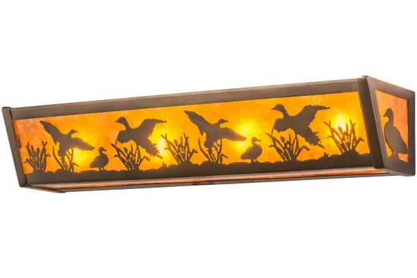Ducks stand and fly about the cattails and marsh grasses in this wildlife inspired original lighting fixture. Beautiful ambient lighting is projected through Amber Mica with frame and hardware hand finished in Antique Copper. The fixture is ideal for lighting vanities in baths and as a sconce in hallways, foyers and lobbies. This wall fixture is handcrafted in the USA by Meyda artisans in the Yorkville, NY manufacturing facility located at the foothills of the Adirondack Mountains. Wildlife and other custom designs available. Energy efficient lamping options are offered. Collection: Ducks In Flight Finish: Antique Copper Glass: Amber Mica Notes: Custom Crafted In Yorkville, New York Please Allow 30 Days Width: 24.00" Height: 4.50" Length: 5.50" Weight: 5.50 lb Extension from Wall: 5.50" Number of Bulbs: 4 Maximum Wattage: 60.00 W Bulb Type: A19 Bulb Base: E26 Material: Steel Country of Origin: USA Safety Listing: Damp Safety Rating: Damp