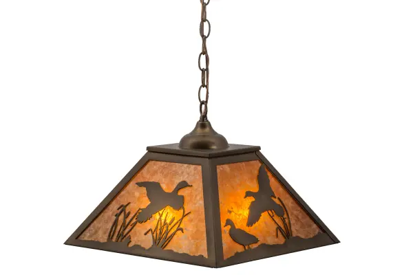 Ducks fly and waddle about the cattails and marsh grasses in this wildlife inspired original lighting fixture. Beautiful ambient lighting is projected through stunning Amber Mica with a frame and hardware hand finished in Antique Copper. The pendant is handcrafted in the USA by Meyda artisans in the Yorkville; NY manufacturing facility located at the foothills of the Adirondack Mountains. Wildlife and other custom designs available. Energy efficient lamping and custom size options are offered.