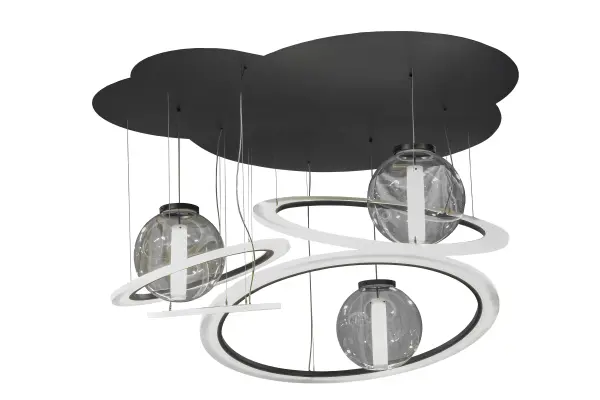 Modern sophisticated system featuring extraordinary elements of light. Ecliptic Crystal Idalight rings illuminate around satellite orbs appearing to float in space with a dramatic interplay of light and shadow. Supported by sturdy aircraft cables to Solar Black finished cloud canopy. Energy saving integrated LEDs deliver ambient illumination with long life, strong CRI and lumen output with full range dimming. Made with Pride by highly skilled artisans in Yorkville, New York. Custom options include special sizes, finishes, colors and dimmable lamping options. UL and cUL listed. Collection: Anillo Finish: Solar Black Glass: Stauario Idalight / Crystal Idalight Width: 84.00" Height: 20.00" Length: 84.00" Weight: 188.00 lb Number of Bulbs: 1 Maximum Wattage: 420.00 W Bulb Type: STRIP Bulb Base: INTEGRAL Light Source: LED Color Temperature: 4000 K Material: Steel Country of Origin: USA Safety Listing: Damp Safety Rating: Damp Energy Efficient LED