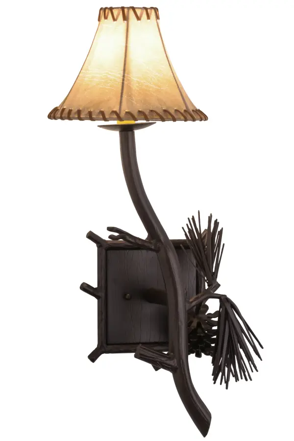 This nature inspired lighting fixture features stunning hand sculpted Pine Needles and Pinecones, that accent a faux candlelight topped with Tan Faux Leather shade perched on a branch-like solid steel arm. All accents and hardware are hand finished in a warm Mahogany Bronze. The wall sconce is handcrafted by Meyda artisans in the USA, at the foothills of the Adirondack Mountains. Custom sizes, styles and colors are available, as well as dimmable energy efficient lamping options. Collection: Lone Pine Finish: Mahogany Bronze Candelabra Clip Glass: Tan Faux Leather Width: 10.00" Height: 22.00" Length: 9.00" Weight: 5.50 lb Extension from Wall: 9.00" Number of Bulbs: 1 Maximum Wattage: 40.00 W Bulb Type: B10 Bulb Base: E12 Material: Steel Country of Origin: USA Safety Listing: Damp Safety Rating: Damp