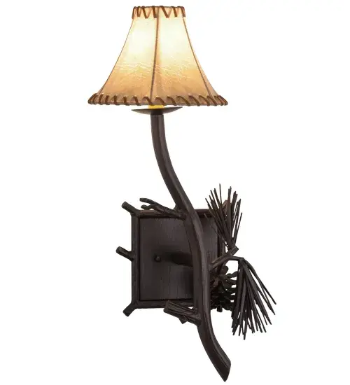 This nature inspired lighting fixture features stunning hand sculpted Pine Needles and Pinecones, that accent a faux candlelight topped with Tan Faux Leather shade perched on a branch-like solid steel arm. All accents and hardware are hand finished in a warm Mahogany Bronze. The wall sconce is handcrafted by Meyda artisans in the USA, at the foothills of the Adirondack Mountains. Custom sizes, styles and colors are available, as well as dimmable energy efficient lamping options. Collection: Lone Pine Finish: Mahogany Bronze Candelabra Clip Glass: Tan Faux Leather Width: 10.00" Height: 22.00" Length: 9.00" Weight: 5.50 lb Extension from Wall: 9.00" Number of Bulbs: 1 Maximum Wattage: 40.00 W Bulb Type: B10 Bulb Base: E12 Material: Steel Country of Origin: USA Safety Listing: Damp Safety Rating: Damp - alternate view