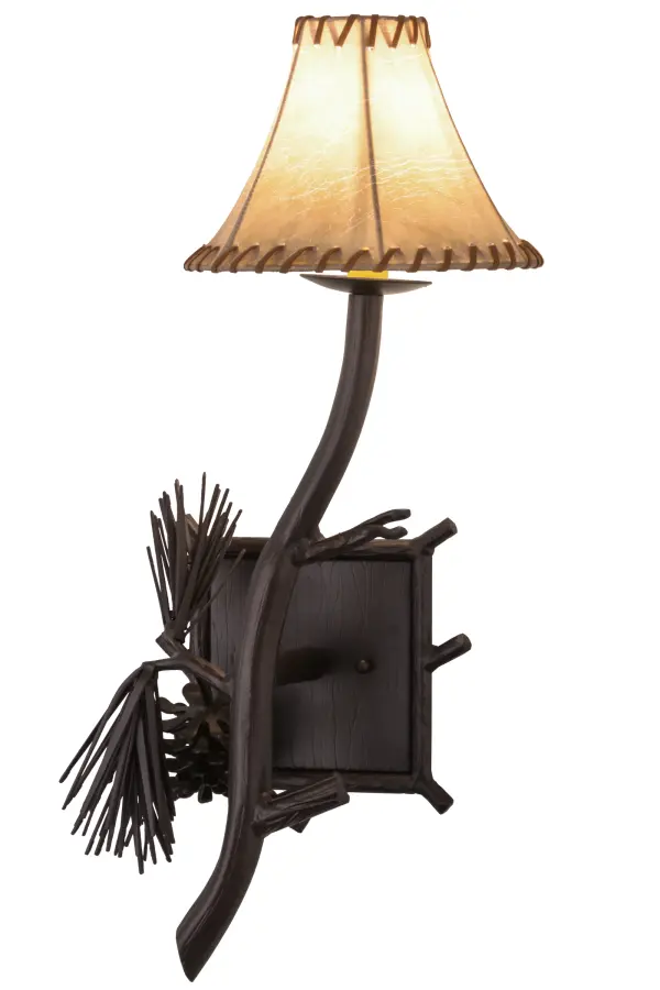This nature inspired lighting fixture features stunning hand sculpted Pine Needles and Pinecones, that accent a faux candlelight topped with Tan Faux Leather shade perched on a branch-like solid steel arm. All accents and hardware are hand finished in a warm Mahogany Bronze. The wall sconce is handcrafted by Meyda artisans in the USA, at the foothills of the Adirondack Mountains. Custom sizes, styles and colors are available, as well as dimmable energy efficient lamping options. Collection: Lone Pine Finish: Mahogany Bronze Candelabra Clip Glass: Tan Faux Leather Width: 10.00" Height: 22.00" Length: 9.00" Weight: 5.50 lb Extension from Wall: 9.00" Number of Bulbs: 1 Maximum Wattage: 40.00 W Bulb Type: B10 Bulb Base: E12 Material: Steel Country of Origin: USA Safety Listing: Damp Safety Rating: Damp
