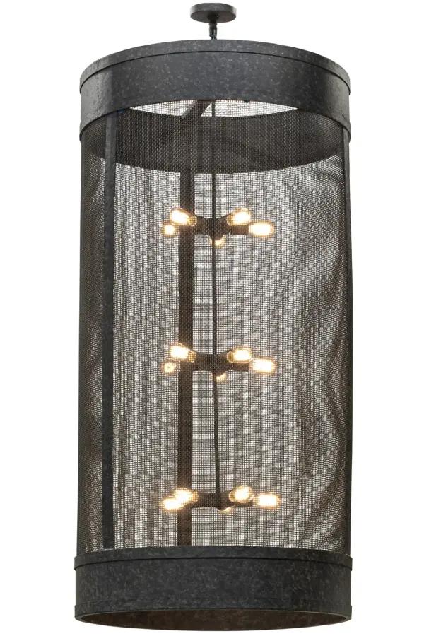 Designed with a cylindrical profile and a unique industrial look, this ceiling fixture features a distinctive aesthetic. The Steel Caged Weave-Tex shade reveals 15 lamps and is enhanced with a rugged frame and hardware featured in a Coffee Bean finish. Handcrafted in the USA, this fixture is available in custom colors, styles and sizes, as well as dimmable energy efficient lamping options such as LED. The pendant is UL and cUL listed for damp and dry locations. Collection: Cilindro Finish: Coffee Bean Glass: Chocolate,Beige Width: 36.00" Height: 81.50" Length: 36.00" Weight: 169.00 lb Number of Bulbs: 15 Maximum Wattage: 60.00 W Bulb Type: A19 Bulb Base: E26 Material: Steel Country of Origin: USA Safety Listing: Damp Safety Rating: Damp
