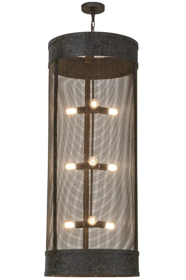 Designed with a cylindrical profile and a unique industrial look, this striking ceiling fixture features a distinctive aesthetic. The Steel Caged Weave-Tex shade reveals 9 customer-supplied medium base lamps and is enhanced with a rugged frame and hardware featured in a Coffee Bean finish. Handcrafted in the USA, this fixture is available in custom colors, styles and sizes, as well as dimmable energy efficient lamping options such as LED. The pendant is UL and cUL listed for damp and dry locations. Collection: Cilindro Finish: Coffee Bean Glass: Chocolate,Beige Width: 24.00" Height: 69.00" Length: 24.00" Weight: 94.50 lb Number of Bulbs: 9 Maximum Wattage: 60.00 W Bulb Type: A19 Bulb Base: E26 Material: Steel Country of Origin: USA Safety Listing: Damp Safety Rating: Damp