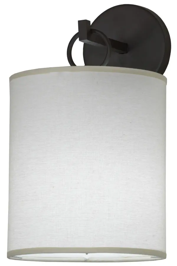 Designed with a clean round profile and refined styling, the Cilindro Campbell wall sconce reveals a sophisticated aesthetic. The wall fixture features an Eggshell Textrene shade with a Statuario Idalight bottom diffuser and complemented with Oil Rubbed Bronze finished hardware. A customer-supplied LED lamp delivers energy savings and long lamp life. Handcrafted in the USA, this fixture is available in custom colors, styles and sizes, as well as dimmable energy efficient lamping options. UL and cUL listed for damp and dry locations. Collection: Cilindro Finish: Oil Rubbed Bronze Glass: Eggshell Textrene Width: 8.00" Height: 14.50" Length: 9.00" Weight: 2.50 lb Extension from Wall: 9.00" Number of Bulbs: 1 Maximum Wattage: 60.00 W Bulb Type: A19 Bulb Base: E26 Material: Steel Country of Origin: USA Safety Listing: Damp Safety Rating: Damp