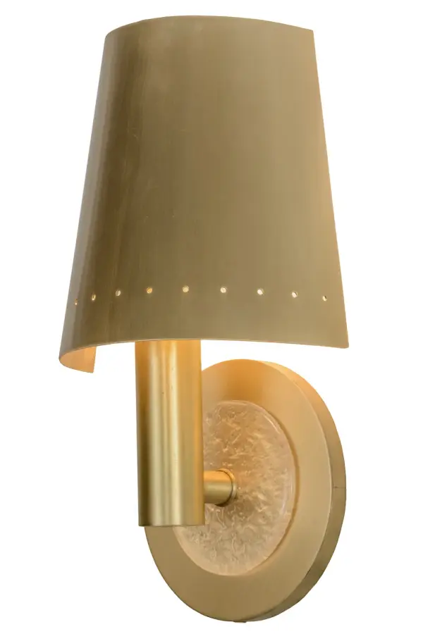 This attractive lighting design features a Solid Brass wall sconce with a curvaceous shade that reveals precision-punched perforated accents. The stunning round wall plate embraces the shade in a Satin Brass finish. This gorgeous ADA-compliant wall sconce perfectly complements any residential or commercial environment, especially in hallways and dining areas in fine homes, hotels, and restaurants from Cleveland, Ohio, to Milwaukee, Wisconsin, to Sacramento, California. The Zarzuela Wall Sconce is included in our American-made, American-designed, handcrafted Modern Collection and manufactured in Yorkville, New York. UL and cUL listed for dry and damp locations. Collection: Zarzuela Finish: Satin Brass Glass: Clear Width: 7.50" Height: 13.50" Length: 3.50" Weight: 2.50 lb Extension from Wall: 3.50" Number of Bulbs: 1 Maximum Wattage: 40.00 W Bulb Type: B10 Bulb Base: E12 Material: Brass Country of Origin: USA Safety Listing: Damp Safety Rating: Damp